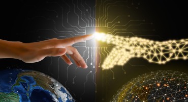 Finger touching a glowing digital hand above Earth